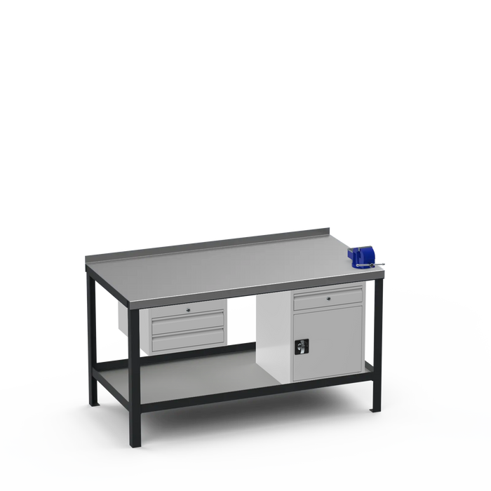 Steel Top Heavy Duty Workbench | 2 Drawer & Cupboard w/ Drawer & Right 4 Inch Vice Storage