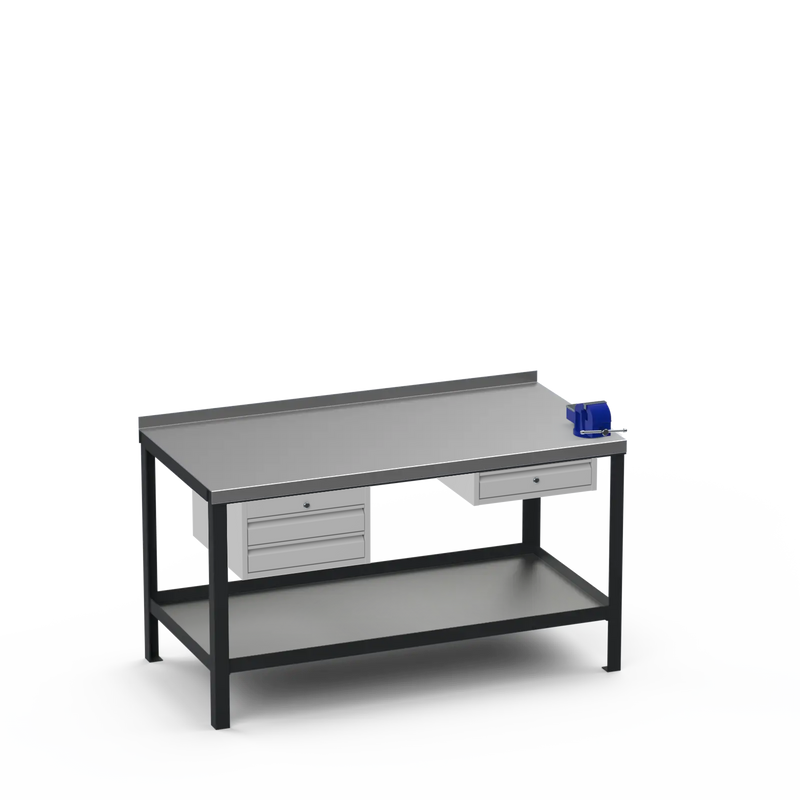 Steel Top Heavy Duty Workbench | 2 Drawer Storage Unit & Single Drawer Storage Unit & 4 Inch Bench Vice