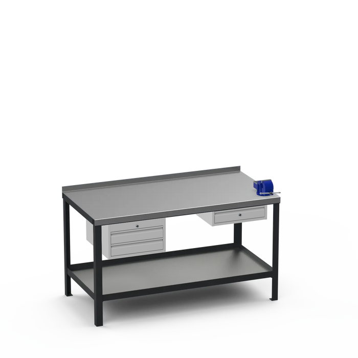 Steel Top Heavy Duty Workbench | 2 Drawer & Single Drawer & Right 4 Inch Vice Storage