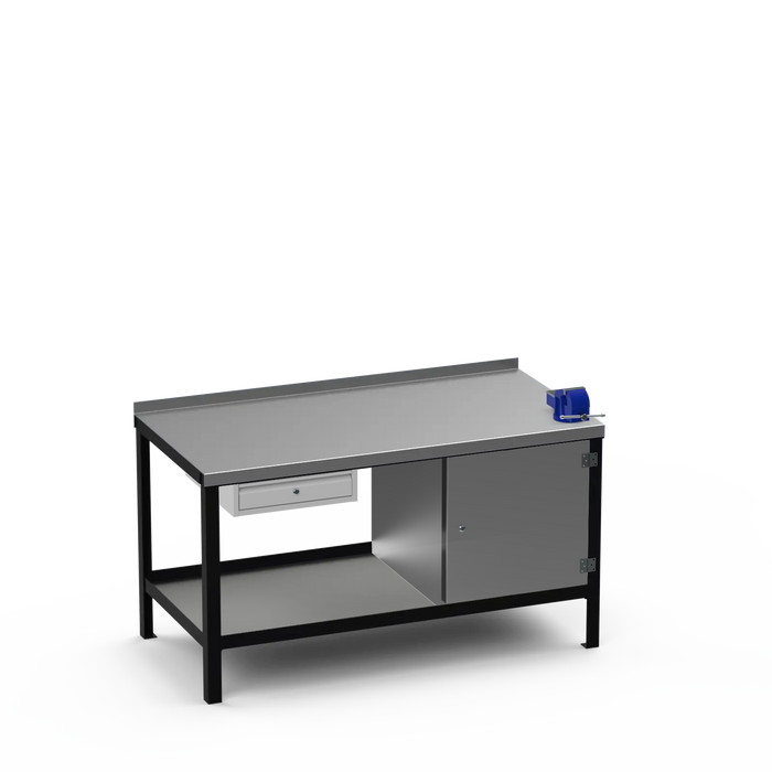 Steel Top Heavy Duty Workbench | Single Drawer & Enclosed Cupboard & Right 4 Inch Vice