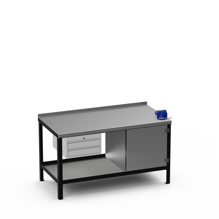Steel Top Heavy Duty Workbench | 2 Drawer & Enclosed Cupboard & Right 4 Inch Vice