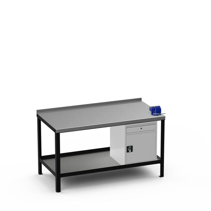Steel Top Heavy Duty Workbench | Cupboard w/ Drawer & Right 4 Inch Vice Storage