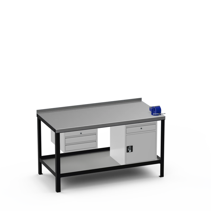 Steel Top Heavy Duty Workbench | 2 Drawer & Cupboard w/ Drawer & Right 4 Inch Vice Storage