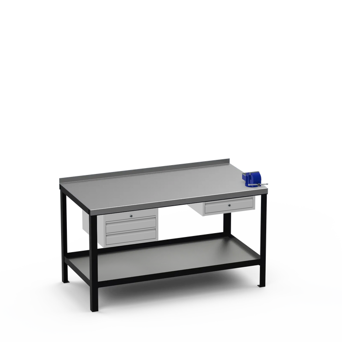 Steel Top Heavy Duty Workbench | 2 Drawer & Single Drawer & Right 4 Inch Vice Storage