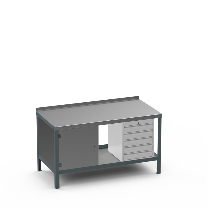 Steel Top Heavy Duty Workbench | Enclosed Cupboard & 5 Drawer Storage