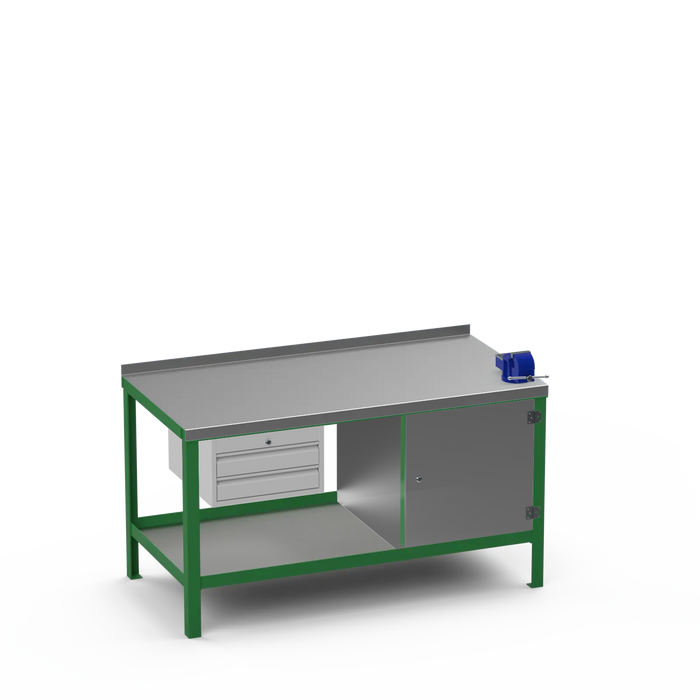 Steel Top Heavy Duty Workbench | 2 Drawer & Enclosed Cupboard & Right 4 Inch Vice