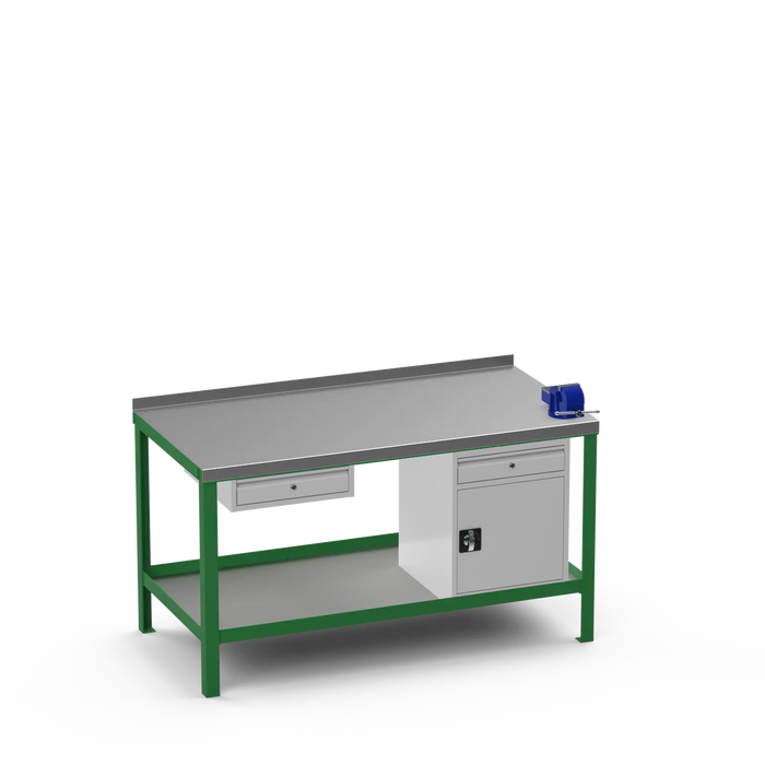Steel Top Heavy Duty Workbench | Single Drawer & Cupboard w/ Drawer & Right 4 Inch Vice