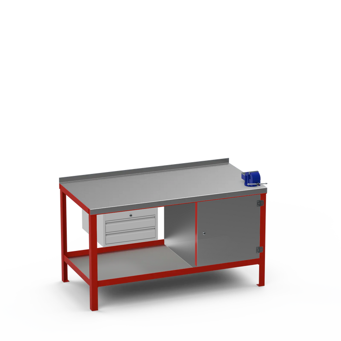 Steel Top Heavy Duty Workbench | 2 Drawer & Enclosed Cupboard & Right 4 Inch Vice
