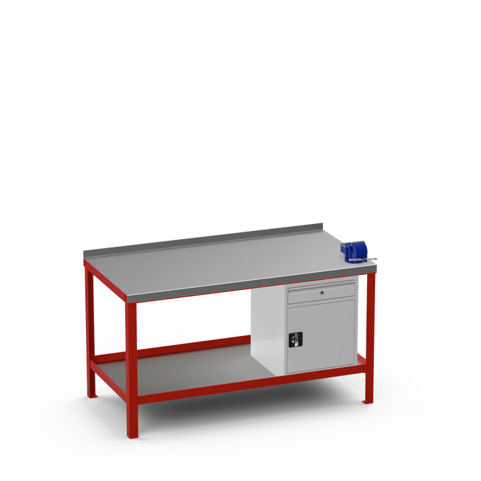 Steel Top Heavy Duty Workbench | Cupboard w/ Drawer & Right 4 Inch Vice Storage