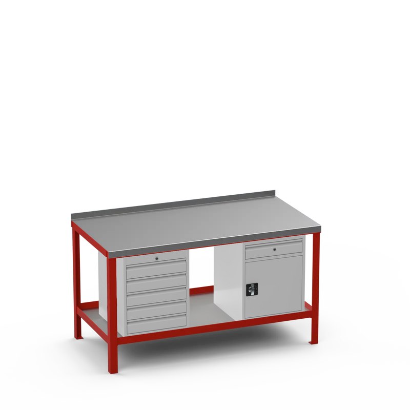 Steel Top Heavy Duty Workbench | 5 Drawer & Cupboard w/ Drawer Storage