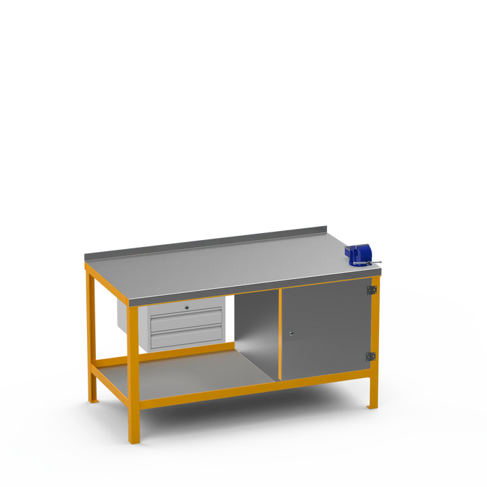 Steel Top Heavy Duty Workbench | 2 Drawer & Enclosed Cupboard & Right 4 Inch Vice
