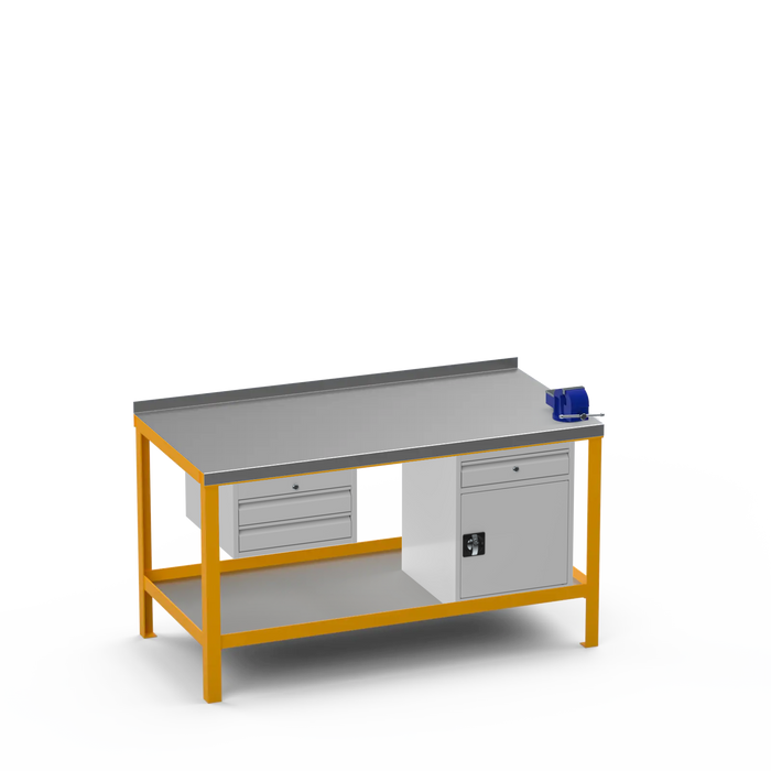 Steel Top Heavy Duty Workbench | 2 Drawer & Cupboard w/ Drawer & Right 4 Inch Vice Storage