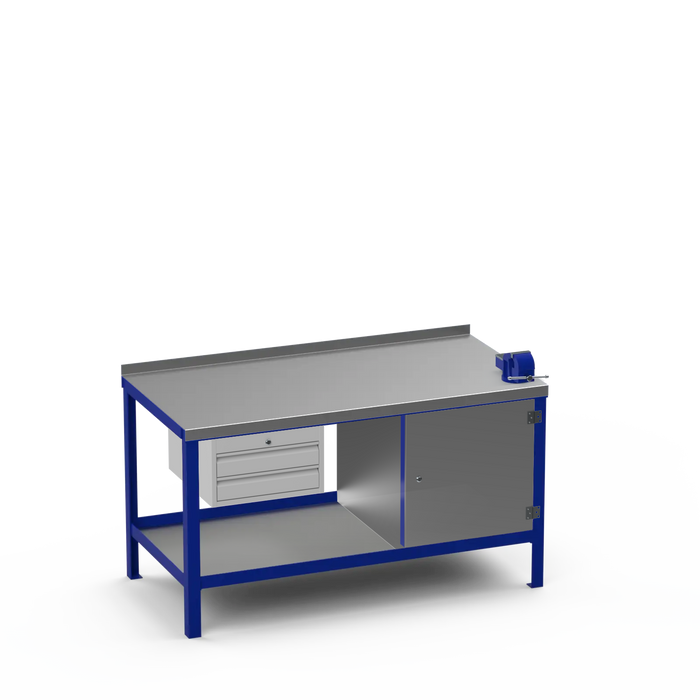 Steel Top Heavy Duty Workbench | 2 Drawer & Enclosed Cupboard & Right 4 Inch Vice