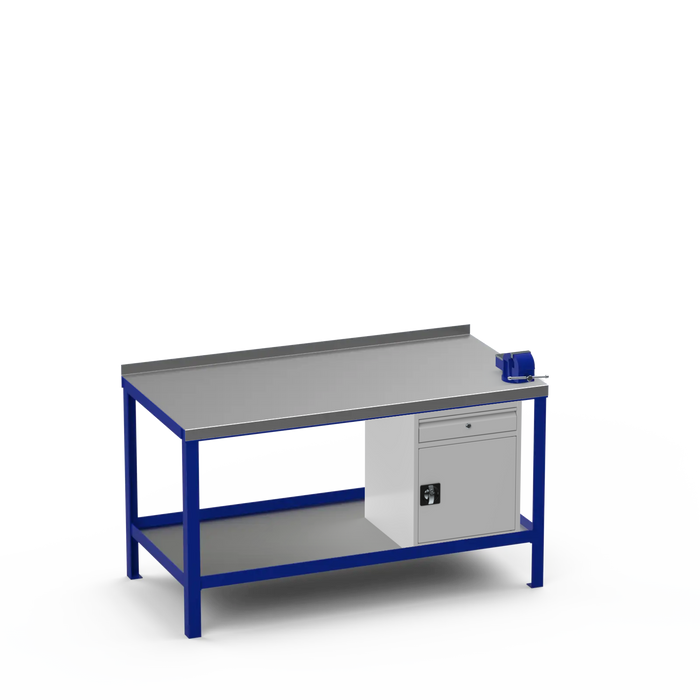 Steel Top Heavy Duty Workbench | Cupboard w/ Drawer & Right 4 Inch Vice Storage