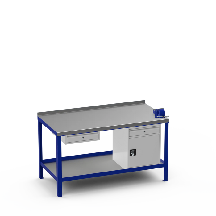 Steel Top Heavy Duty Workbench | Single Drawer & Cupboard w/ Drawer & Right 4 Inch Vice