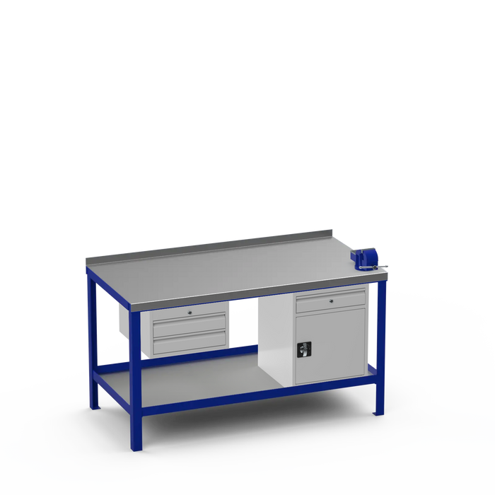 Steel Top Heavy Duty Workbench | 2 Drawer & Cupboard w/ Drawer & Right 4 Inch Vice Storage