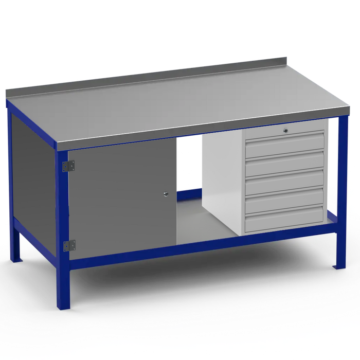 Steel Top Heavy Duty Workbench | Enclosed Cupboard & 5 Drawer Storage