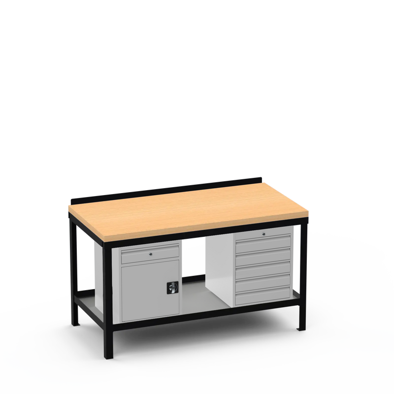 Wood Top Heavy Duty Workbench | Cupboard w/ Drawer Storage & 5 Drawer Storage