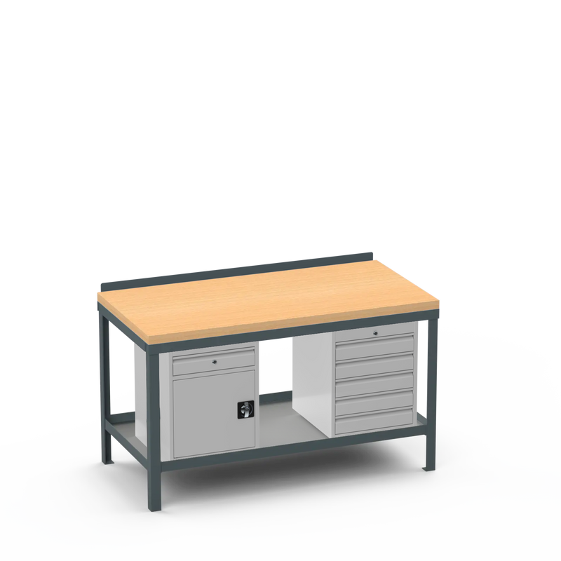 Wood Top Heavy Duty Workbench | Cupboard w/ Drawer Storage & 5 Drawer Storage