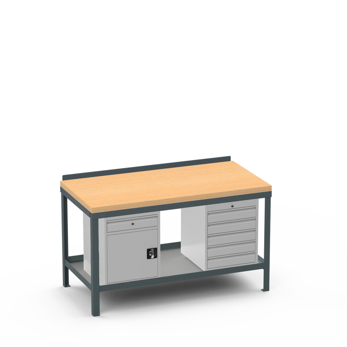 Wood Top Heavy Duty Workbench | Cupboard w/ Drawer & 5 Drawer Storage