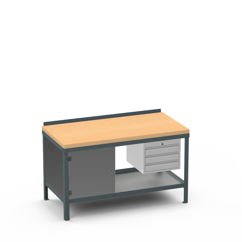 Wood Top Heavy Duty Workbench | Cupboard & 3 Drawer Storage