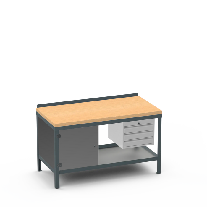 Wood Top Heavy Duty Workbench | Enclosed Cupboard & 3 Drawer Storage