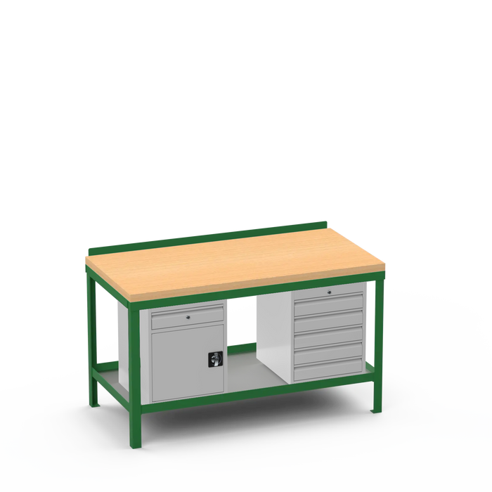 Wood Top Heavy Duty Workbench | Cupboard w/ Drawer & 5 Drawer Storage
