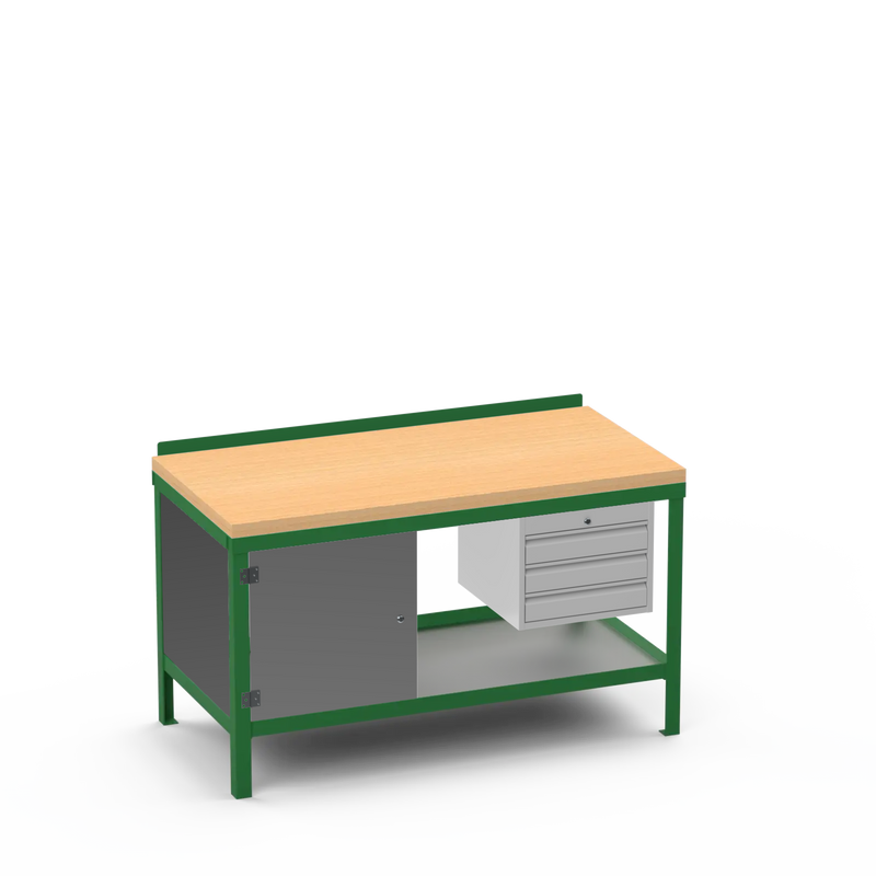 Wood Top Heavy Duty Workbench | Cupboard & 3 Drawer Storage