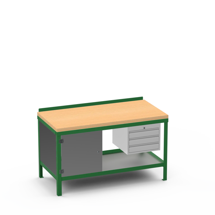 Wood Top Heavy Duty Workbench | Enclosed Cupboard & 3 Drawer Storage