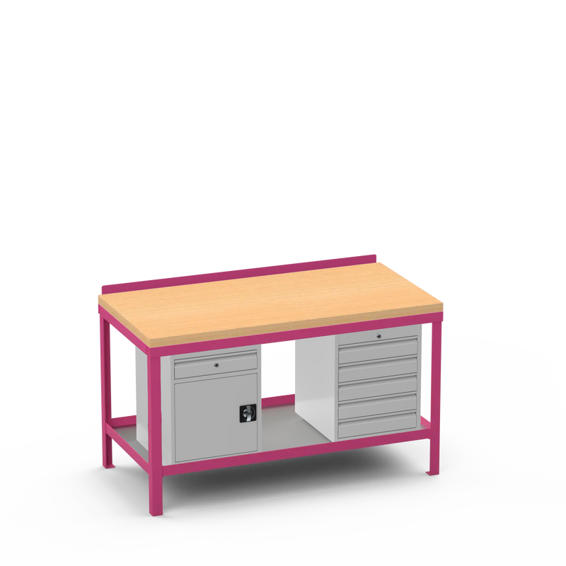 Wood Top Heavy Duty Workbench | Cupboard w/ Drawer Storage & 5 Drawer Storage