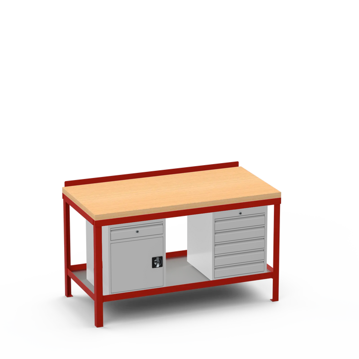 Wood Top Heavy Duty Workbench | Cupboard w/ Drawer & 5 Drawer Storage