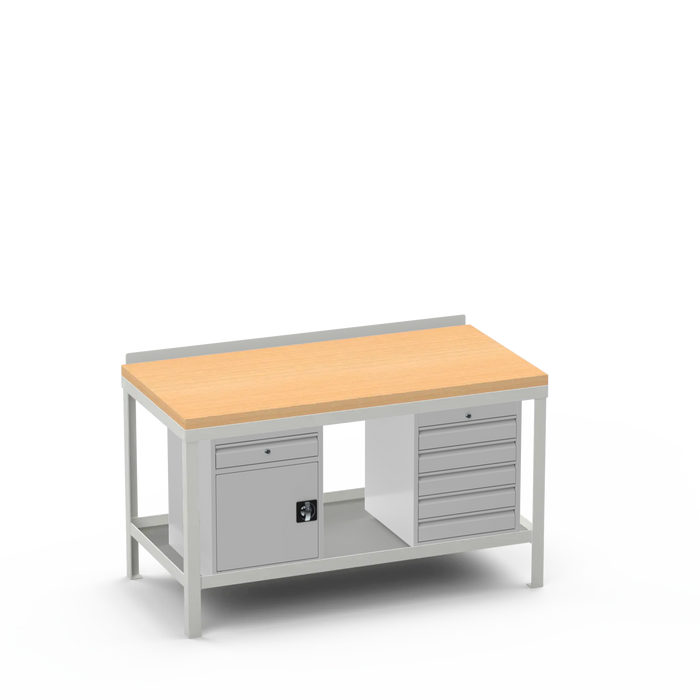 Wood Top Heavy Duty Workbench | Cupboard w/ Drawer & 5 Drawer Storage