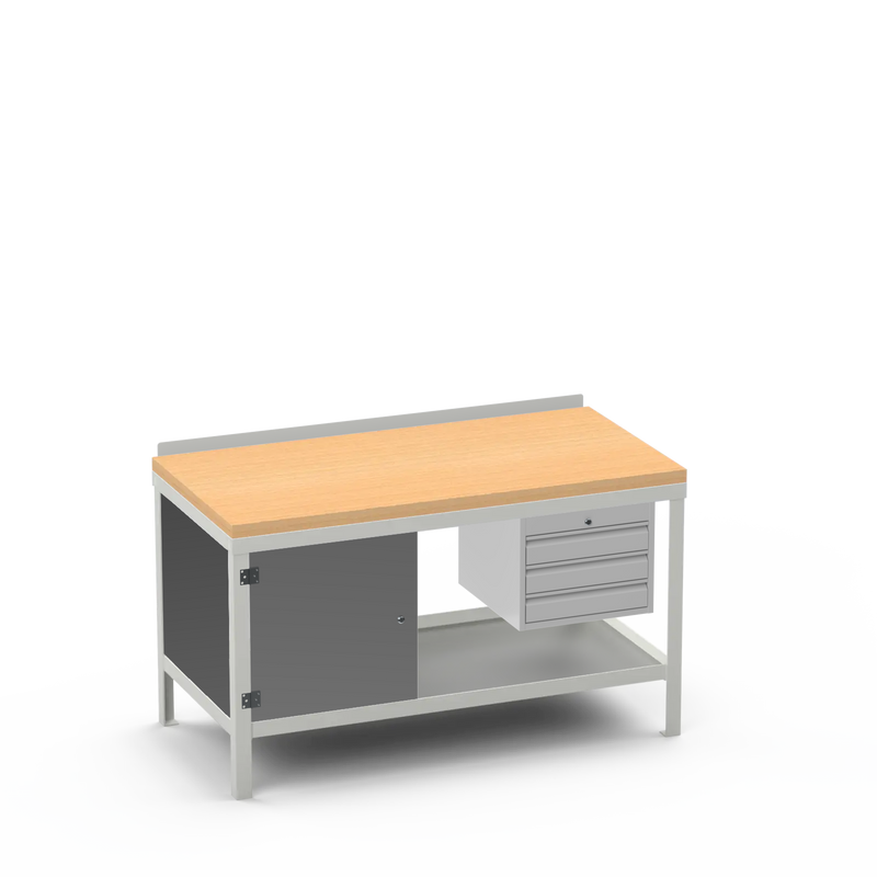Wood Top Heavy Duty Workbench | Cupboard & 3 Drawer Storage