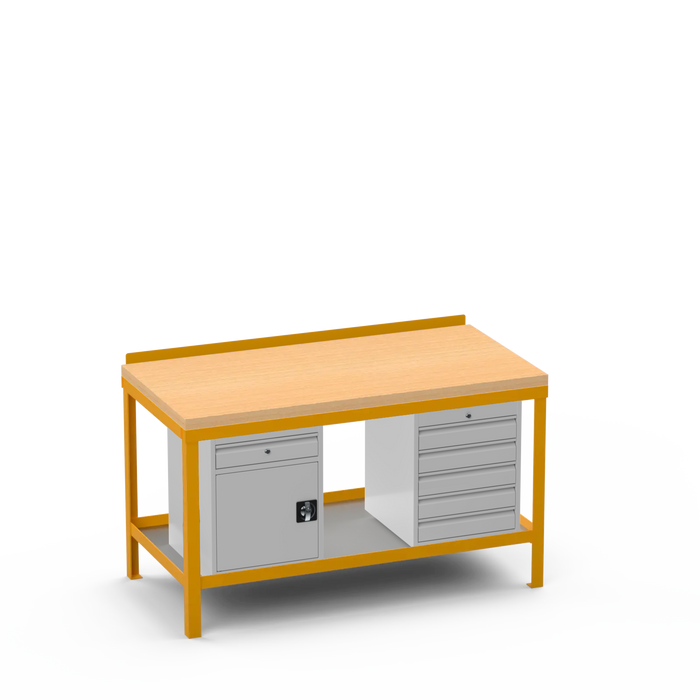 Wood Top Heavy Duty Workbench | Cupboard w/ Drawer & 5 Drawer Storage