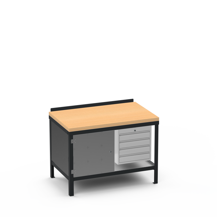 Wood Top Heavy Duty Workbench | Enclosed Cupboard & 4 Drawer Storage