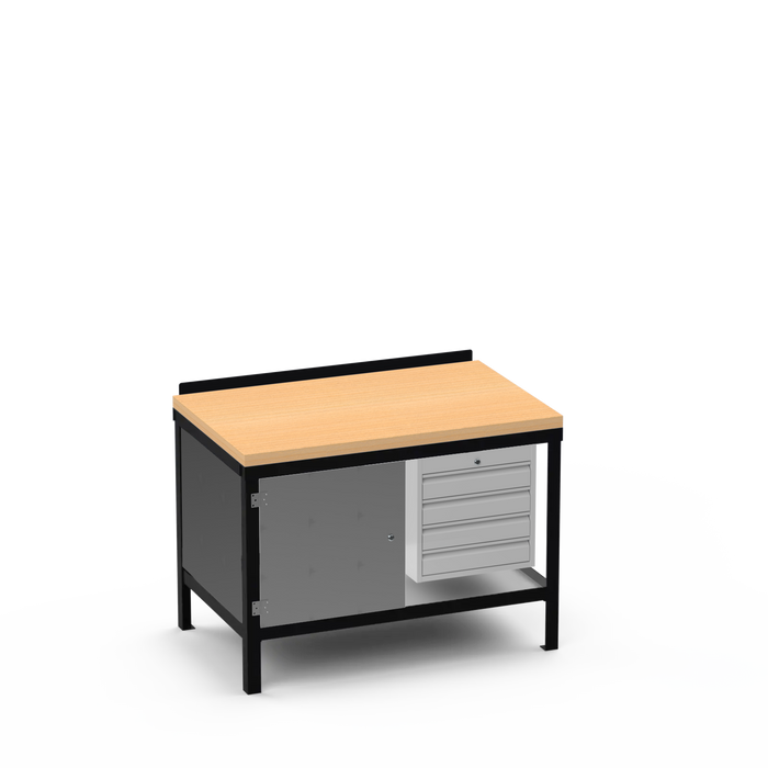 Wood Top Heavy Duty Workbench | Enclosed Cupboard & 4 Drawer Storage