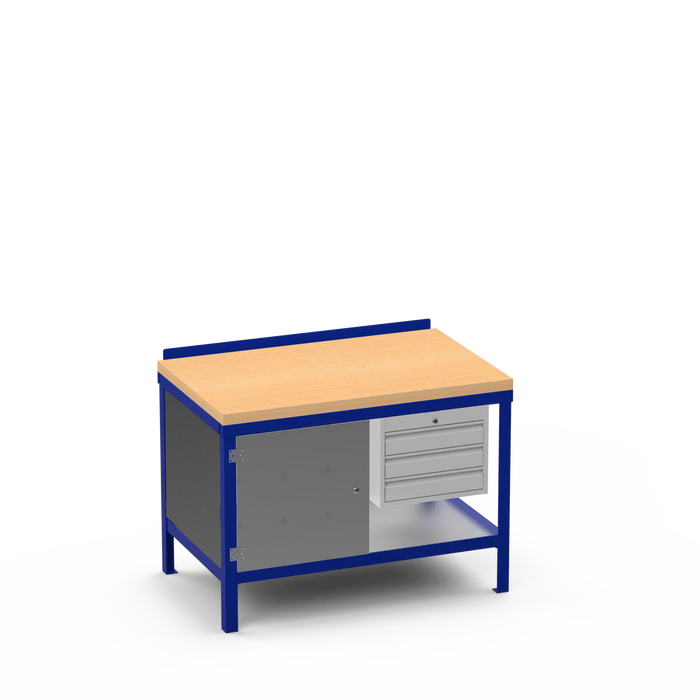 Wood Top Heavy Duty Workbench | Enclosed Cupboard & 3 Drawer Storage