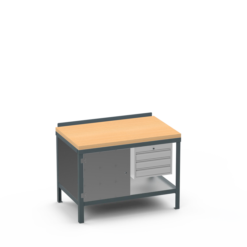 Wood Top Heavy Duty Workbench | Cupboard & 3 Drawer Storage