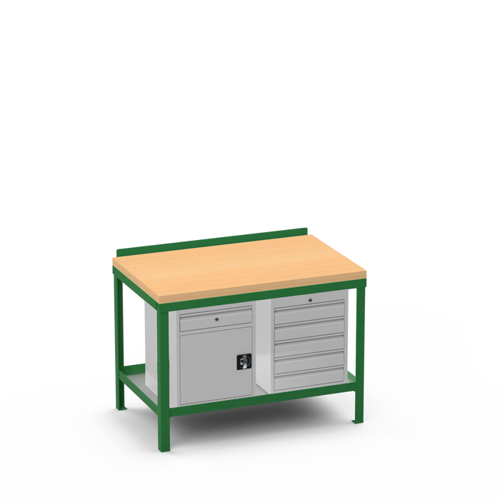 Wood Top Heavy Duty Workbench | Cupboard w/ Drawer & 5 Drawer Storage