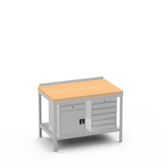 Wood Top Heavy Duty Workbench | Cupboard w/ Drawer & 5 Drawer Storage