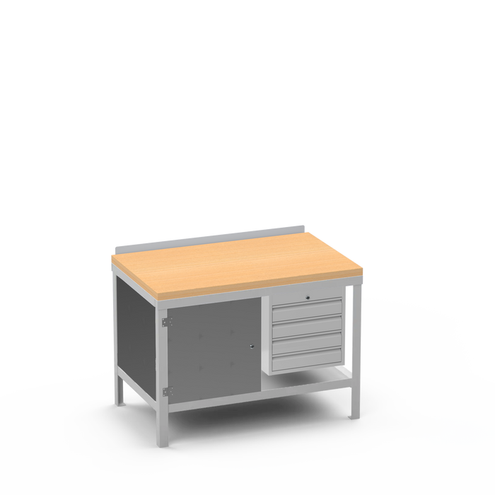 Wood Top Heavy Duty Workbench | Enclosed Cupboard & 4 Drawer Storage