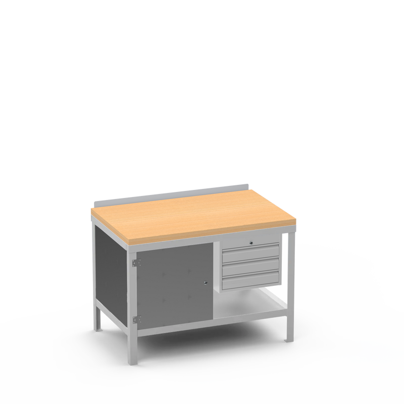 Wood Top Heavy Duty Workbench | Cupboard & 3 Drawer Storage