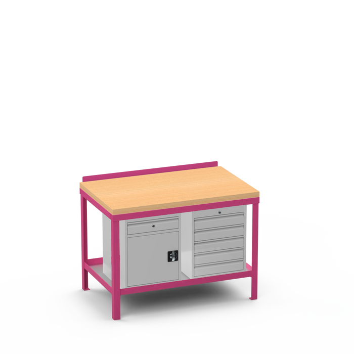 Wood Top Heavy Duty Workbench | Cupboard w/ Drawer & 5 Drawer Storage