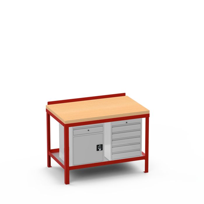 Wood Top Heavy Duty Workbench | Cupboard w/ Drawer & 5 Drawer Storage