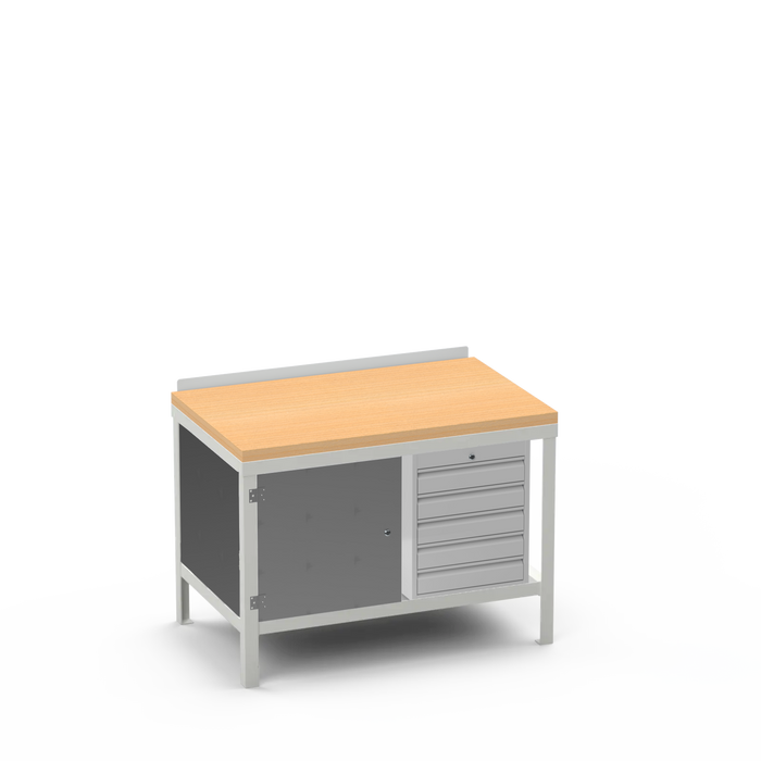 Wood Top Heavy Duty Workbench | Enclosed Cupboard & 5 Drawer Storage