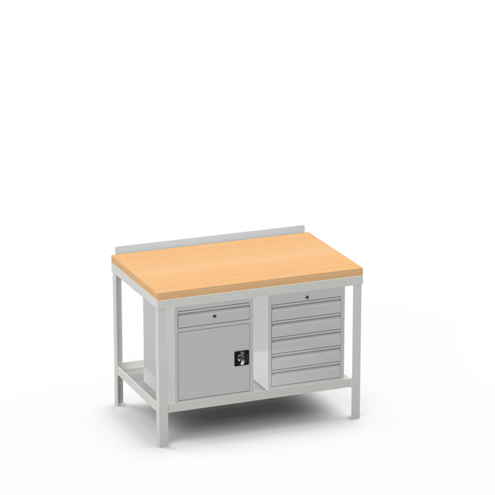 Wood Top Heavy Duty Workbench | Cupboard w/ Drawer & 5 Drawer Storage