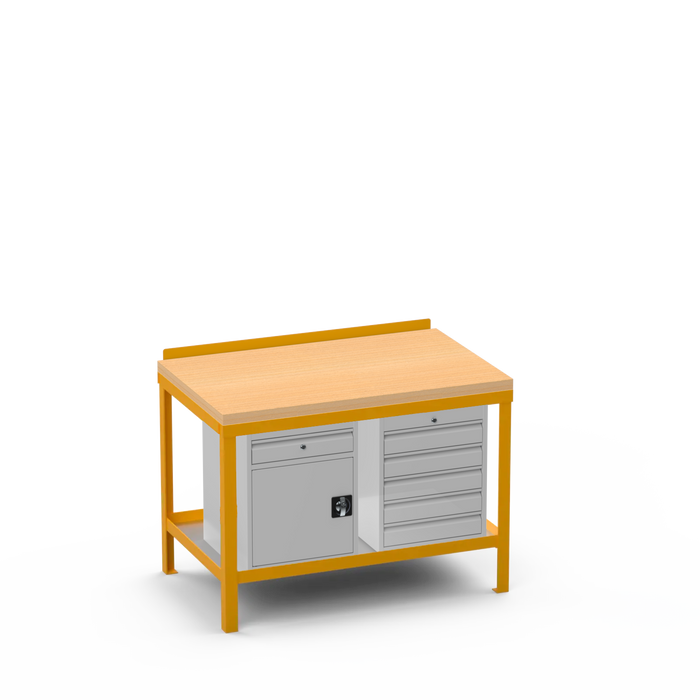Wood Top Heavy Duty Workbench | Cupboard w/ Drawer & 5 Drawer Storage