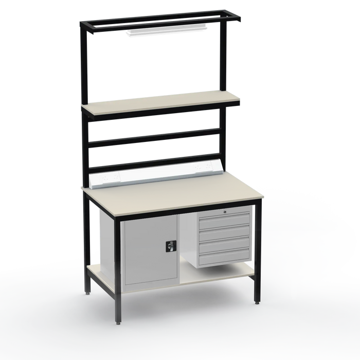 Electronics ESD Workbench | Anti-Static Worktop | Cupboard & 4 Drawers | Upper & Lower Shelves | Lighting Rail & Electrical