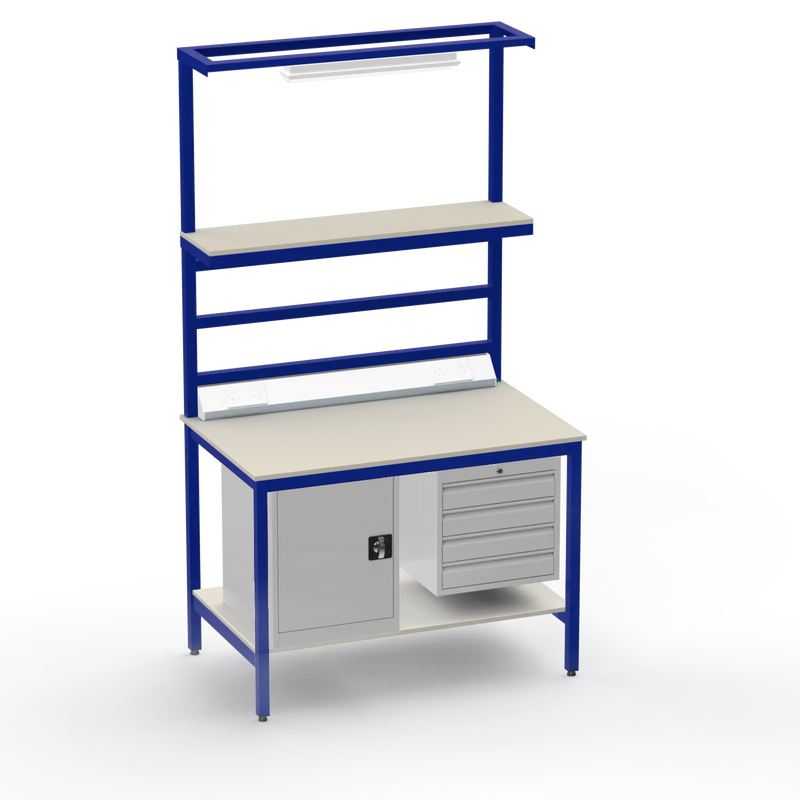 Electronics ESD Workbench | Anti-Static Worktop | Cupboard & 4 Drawers | Upper & Lower Shelves | Lighting Rail & Electrical