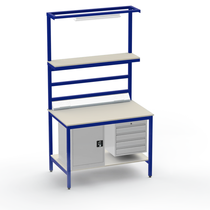 Electronics ESD Workbench | Anti-Static Worktop | Cupboard & 4 Drawers | Upper & Lower Shelves | Lighting Rail & Electrical